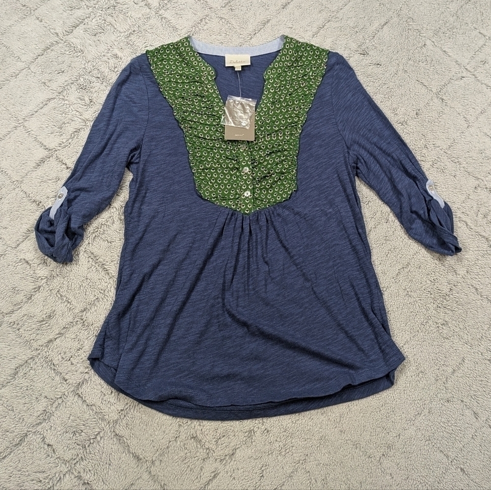Anthropologie Deletta Shirt Women's XS Blue Green Floral Ruffle Peasant Prairie